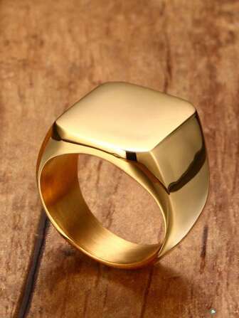 1pc Simple Square Seal Ring, Gold & Black Color, Men Accessory