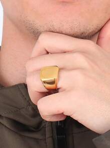 1 pieza Anillo con sello cuadrado simple, color oro y negro, accesorio para hombre - Amarillo Oro - Ver 2