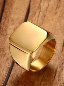 1 pieza Anillo con sello cuadrado simple, color oro y negro, accesorio para hombre - Amarillo Oro - Ver 4