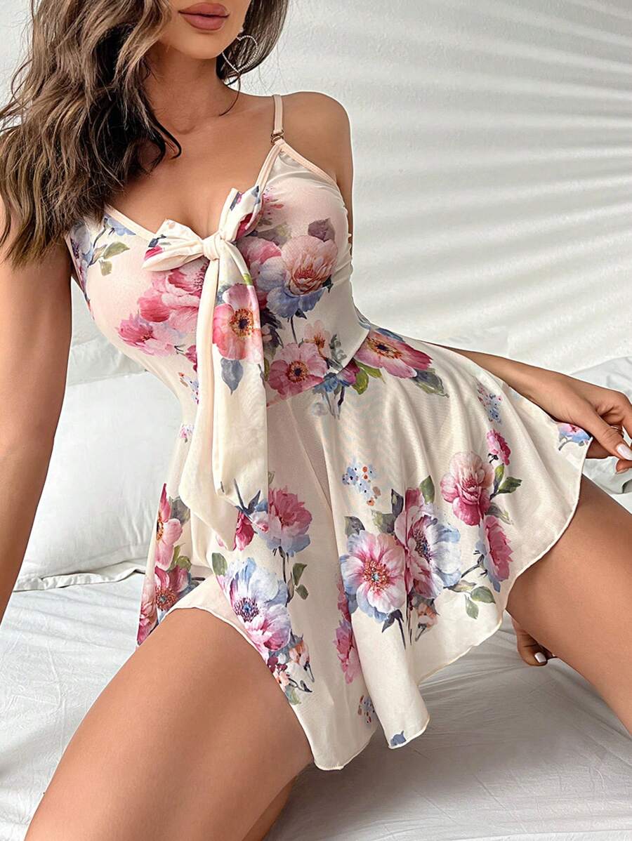 Floral Print Bow Front Cami Romper - Apricot - View 1