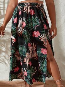 SHEIN VCAY Falda con estampado tropical de muslo con abertura - Multicolor - Ver 3