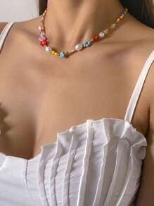 1入組波西米亞風格度假雛菊花項鍊簡約彩色米串珠鍊式項鍊（顏色隨機） - 彩色 - 查看 4