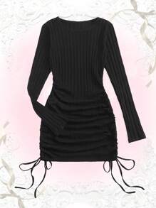 ROMWE Vestido unicolor de canalé con cordón - Negro - Ver 1