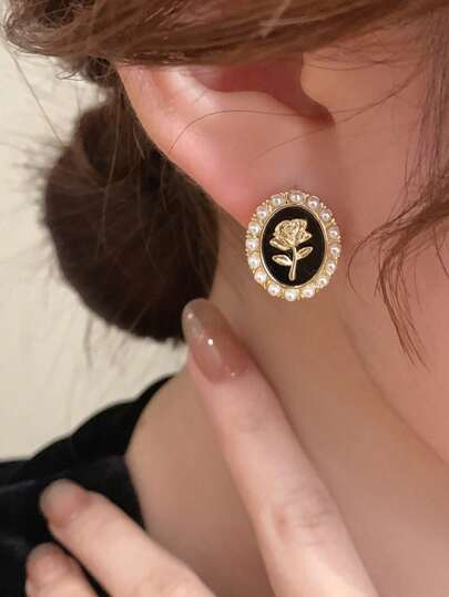 1對法式復古時尚幾何深蘭玫瑰＆仿珍珠橢圓形耳環，適用於女士