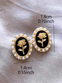 1對法式復古時尚幾何深蘭玫瑰＆仿珍珠橢圓形耳環，適用於女士 - 彩色 - 查看 5