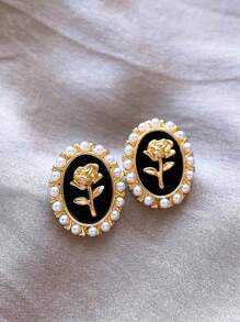 1對法式復古時尚幾何深蘭玫瑰＆仿珍珠橢圓形耳環，適用於女士 - 彩色 - 查看 6