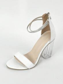 女性水鑽裝飾鱷魚壓紋粗跟時尚白色踝帶平底涼鞋 - 白色 - 查看 3