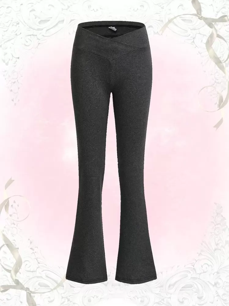 ROMWE Solid Flare Leg Pants - Dark Grey - View 1