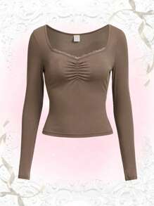 ROMWE 素色褶邊羅紋T恤 - 摩卡棕 - 查看 1