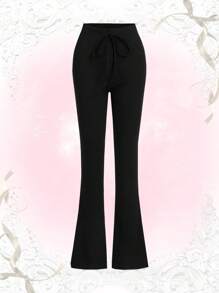 ROMWE 素色打結喇叭褲 - 黑色 - 查看 1