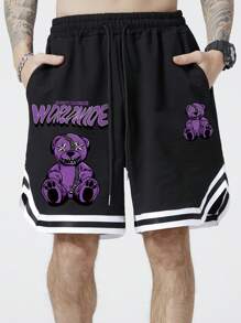 ROMWE MEN Street Life 男士熊与字母图案条纹饰边抽绳腰短裤，学校 - 黑色 - 查看 1