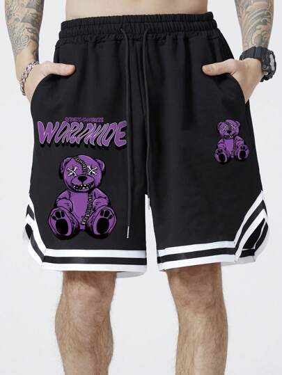 Street Life Herren Shorts mit Bär- und Buchstabengrafik, Streifenbesatz und Kordelzug an der Taille, Schule