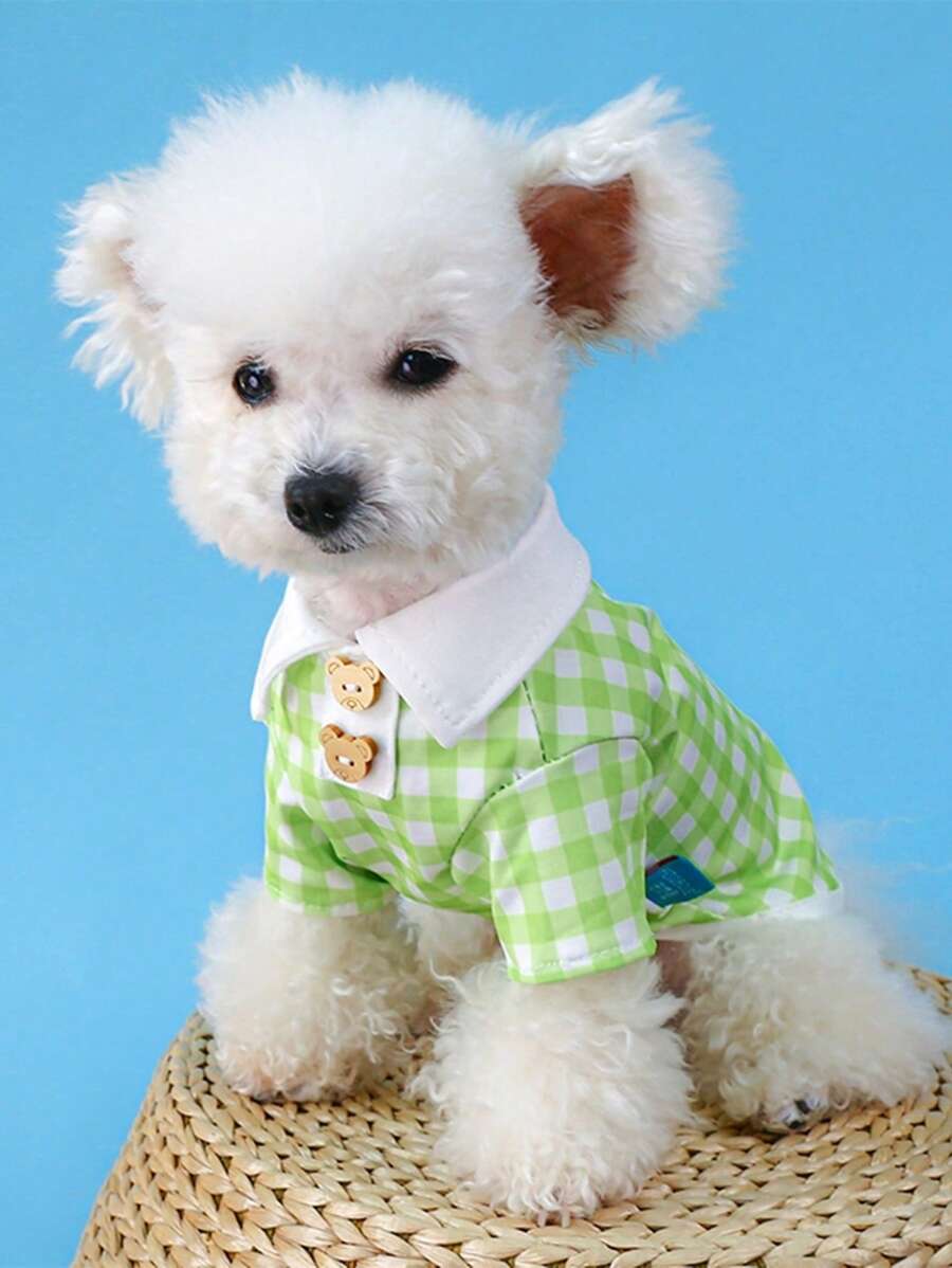 1件毛衣針織衣服,熊圖案按鈕,適用於春夏季的貓狗 - 綠色 - 查看 1