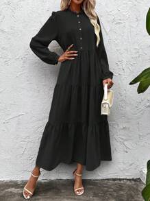 SHEIN LUNE Lantern Sleeve Dress Without Belt - Black - View 1