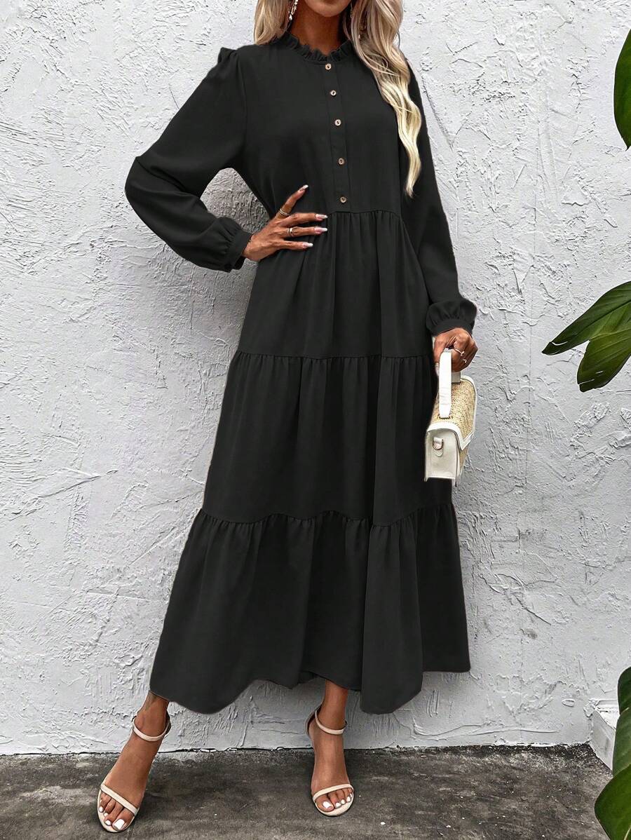 SHEIN LUNE Lantern Sleeve Dress Without Belt - Black - View 1