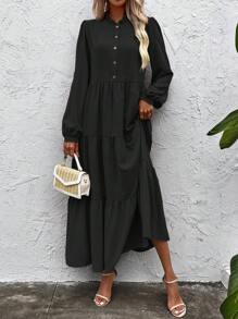 SHEIN LUNE Lantern Sleeve Dress Without Belt - Black - View 3