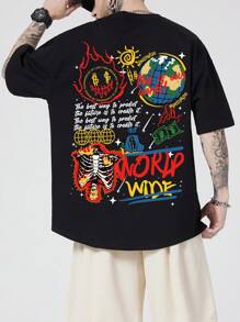 ROMWE MEN Street Life Men Slogan Skeleton Graphic Y2k T-Shirt For Halloween, School - Black - View 1