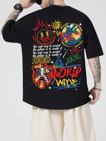 Street Life Men Slogan Skeleton Graphic Y2k T-Shirt For Halloween, School