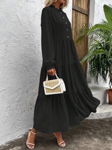 SHEIN LUNE Lantern Sleeve Dress Without Belt - Black - View 4