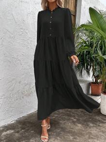 SHEIN LUNE Lantern Sleeve Dress Without Belt - Black - View 5