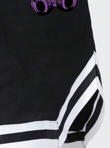 ROMWE MEN Street Life 男士熊与字母图案条纹饰边抽绳腰短裤，学校 - 黑色 - 查看 5