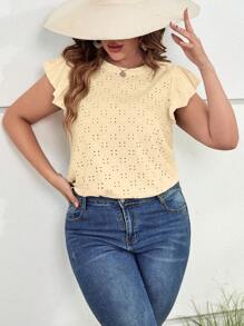 SHEIN LUNE 大碼網眼刺繡蝴蝶袖T恤 - 米色 - 查看 1