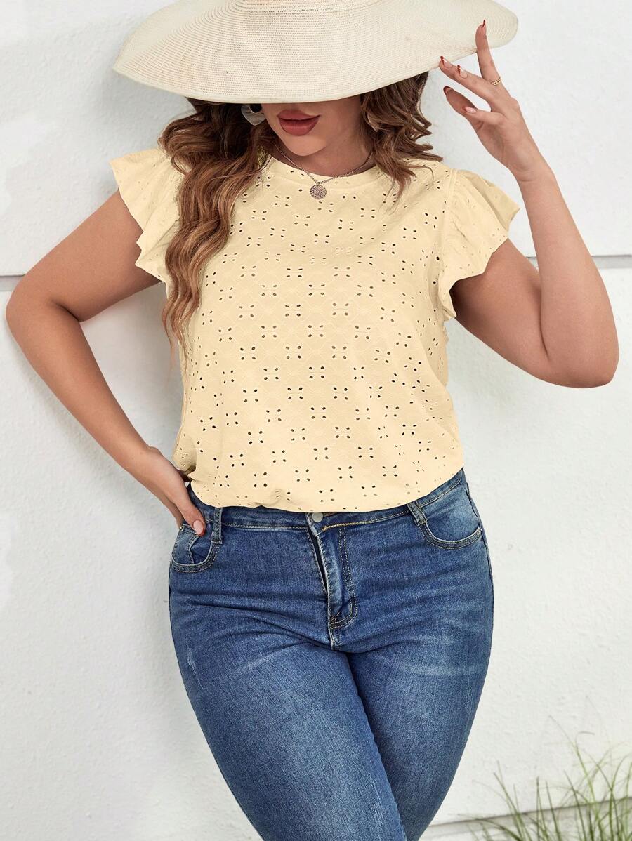 SHEIN LUNE 大碼網眼刺繡蝴蝶袖T恤 - 米色 - 查看 1