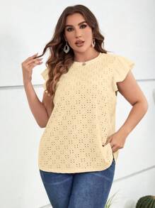 SHEIN LUNE 大碼網眼刺繡蝴蝶袖T恤 - 米色 - 查看 3