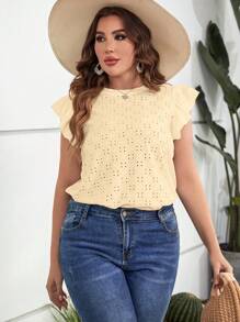 SHEIN LUNE 大碼網眼刺繡蝴蝶袖T恤 - 米色 - 查看 4