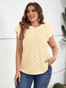 SHEIN LUNE 大碼網眼刺繡蝴蝶袖T恤 - 米色 - 查看 5