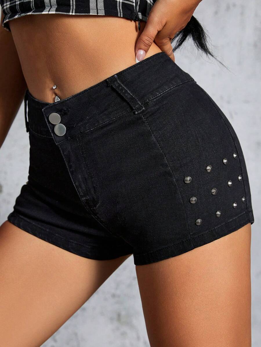 Quần short denim nữ Túi Dây kéo Nút Đúc màu trơn - màu đen - Xem 1