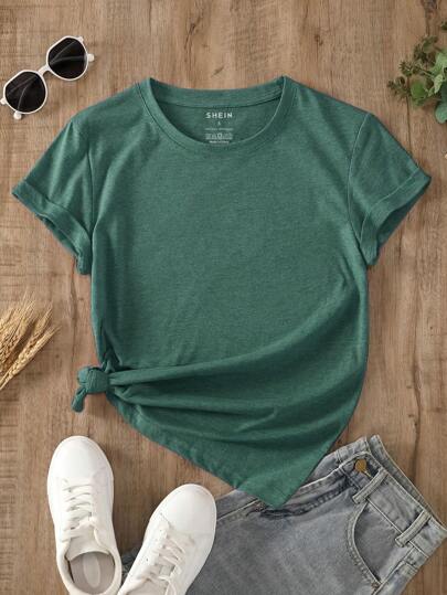 INAWLY Solid Round Neck Tee
