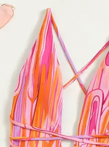 SHEIN Swim Summer Beach Abstract Fluid Pattern Plunging One Piece Swimsuit & Beach Dress - Multicolor - View 3