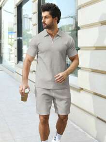 男士1/4拉鍊POLO衫和腰部抽繩短褲 - 灰色 - 查看 3