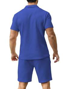 Men Quarter Zip Polo Shirt & Drawstring Waist Shorts - Royal Blue - View 2