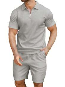 男士1/4拉鍊POLO衫和腰部抽繩短褲 - 灰色 - 查看 5