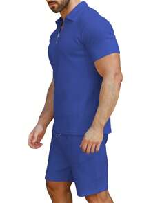 Men Quarter Zip Polo Shirt & Drawstring Waist Shorts - Royal Blue - View 5