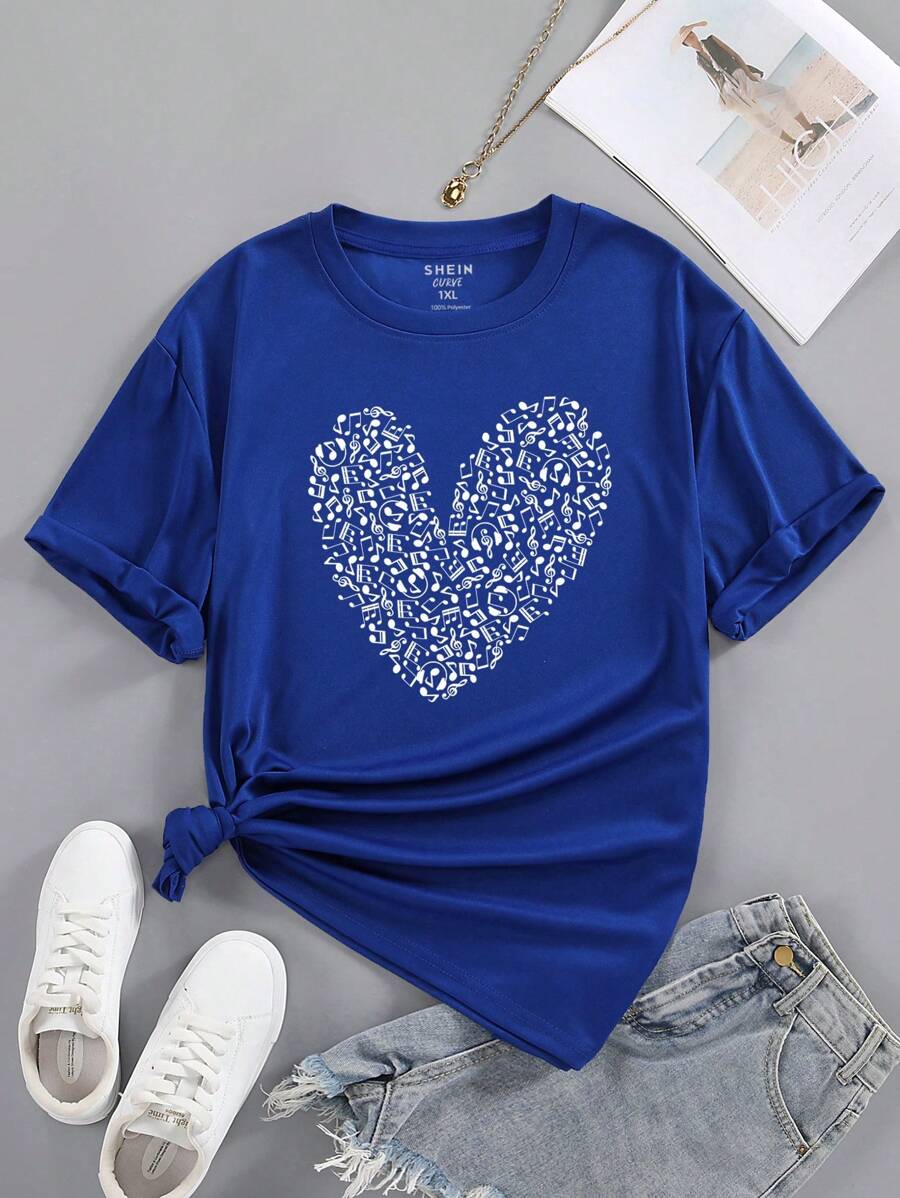 SHEIN LUNE Áo thun Plus size Tim Giải trí - Xanh đậm - Xem 1
