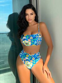 Floral Print High Waisted Bikini Set - Blue - View 1