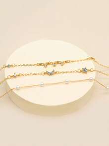 3入組/套度假風格全水鑽太陽和月亮和珍珠鏈式腳鏈套裝適合女士海灘旅行禮品 - 金黃色 - 查看 2