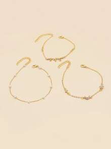 3入組/套度假風格全水鑽太陽和月亮和珍珠鏈式腳鏈套裝適合女士海灘旅行禮品 - 金黃色 - 查看 4