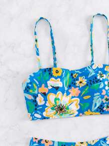 Floral Print High Waisted Bikini Set - Blue - View 3