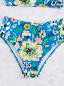 Floral Print High Waisted Bikini Set - Blue - View 6