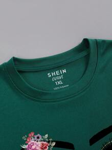 SHEIN LUNE 大碼花卉圖案和人像圖案T恤 - 墨綠色 - 查看 4