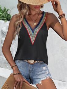 SHEIN LUNE Contrast Tape Tank Top - Black - View 3