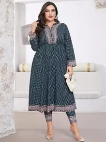 Mulvari Plus Allover Print Notched Neckline Top & Trousers - Multicolor - View 1