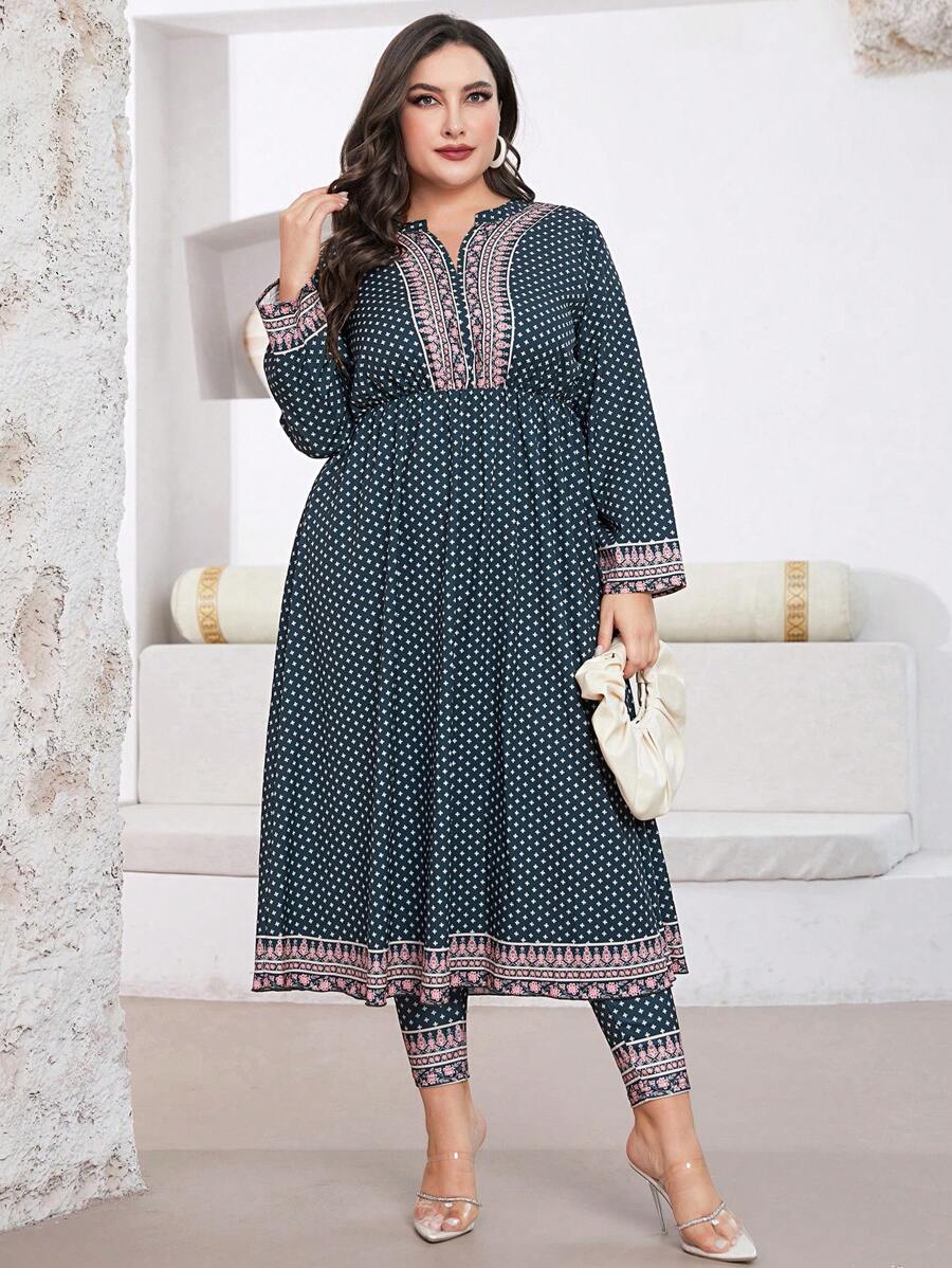 Mulvari Plus Allover Print Notched Neckline Top & Trousers - Multicolor - View 1