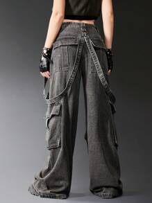 ROMWE Grunge Punk 纯色带子细节翻盖口袋工装男友风牛仔裤，学校风 - 深灰色 - 查看 2