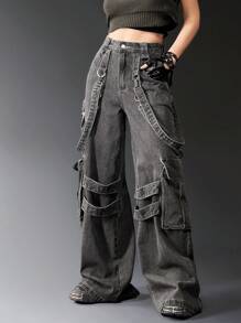 ROMWE Grunge Punk 纯色带子细节翻盖口袋工装男友风牛仔裤，学校风 - 深灰色 - 查看 3