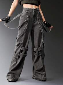 ROMWE Grunge Punk 纯色带子细节翻盖口袋工装男友风牛仔裤，学校风 - 深灰色 - 查看 5